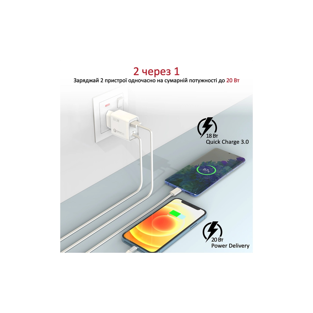 Зарядний пристрій Promate 20W PD Lightning + USB QC3.0 (icharge-pdqc3.white) фото2