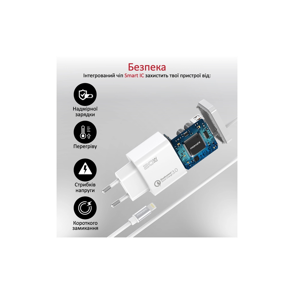 Зарядний пристрій Promate 20W PD Lightning + USB QC3.0 (icharge-pdqc3.white) фото4