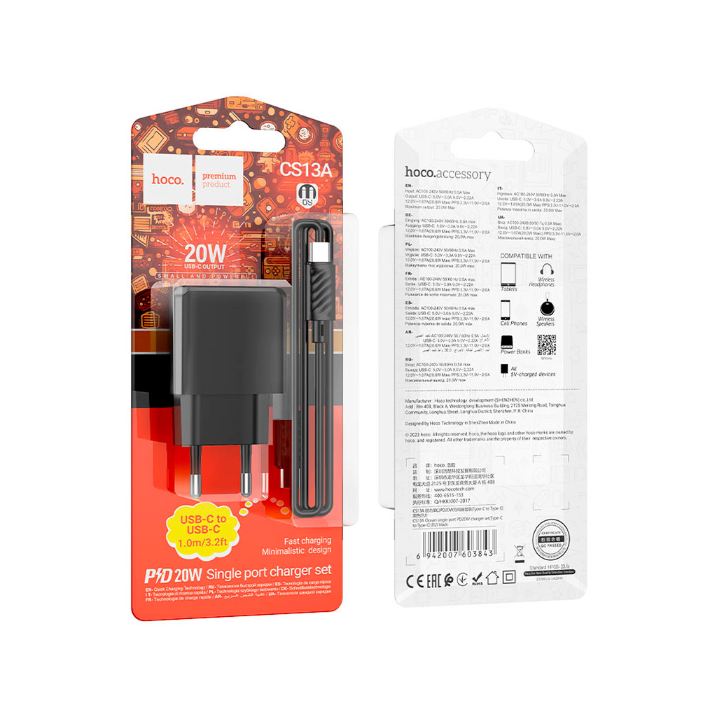 Зарядное устройство HOCO CS13A Ocean USB-C PD20W + cable USB-C to USB-C Black (6942007603843) фото4