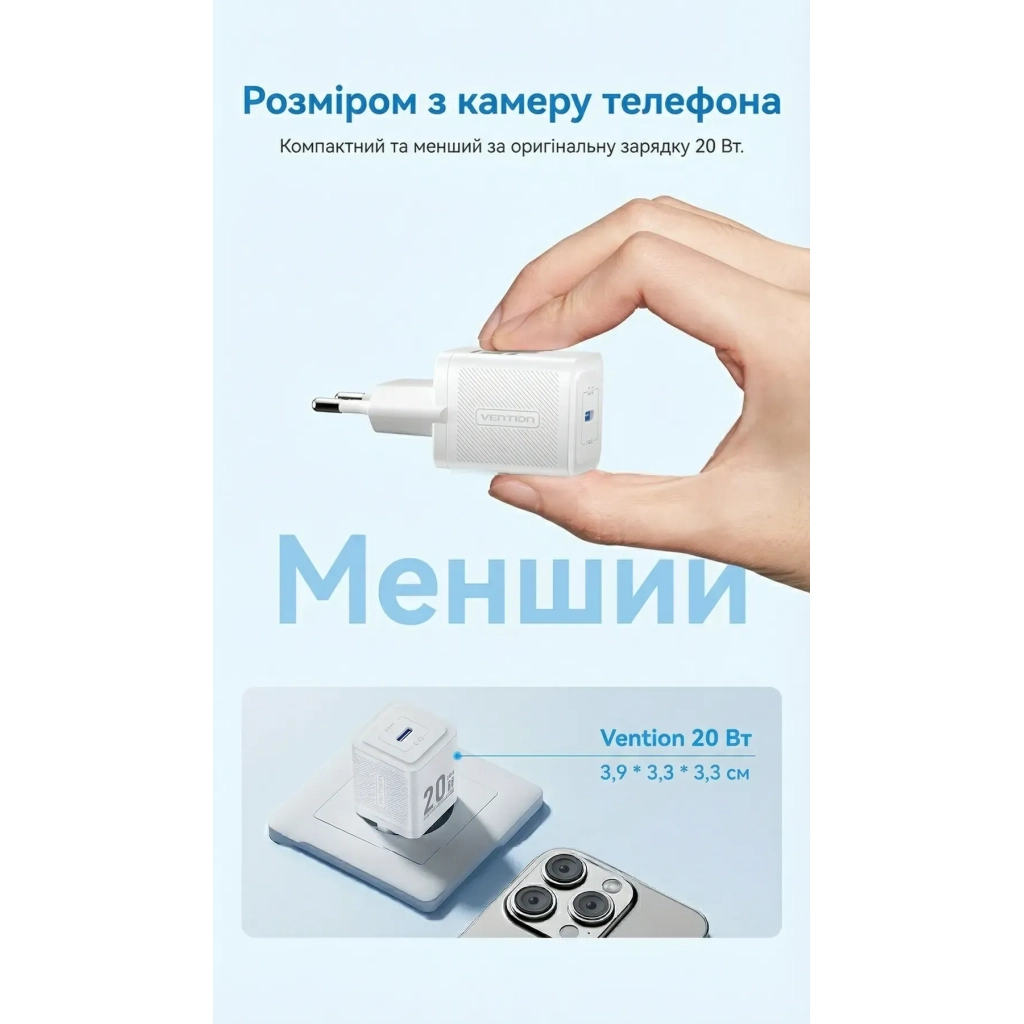 Зарядний пристрій Vention USB-C PD20W GaN white (FEPW0-EU) фото5