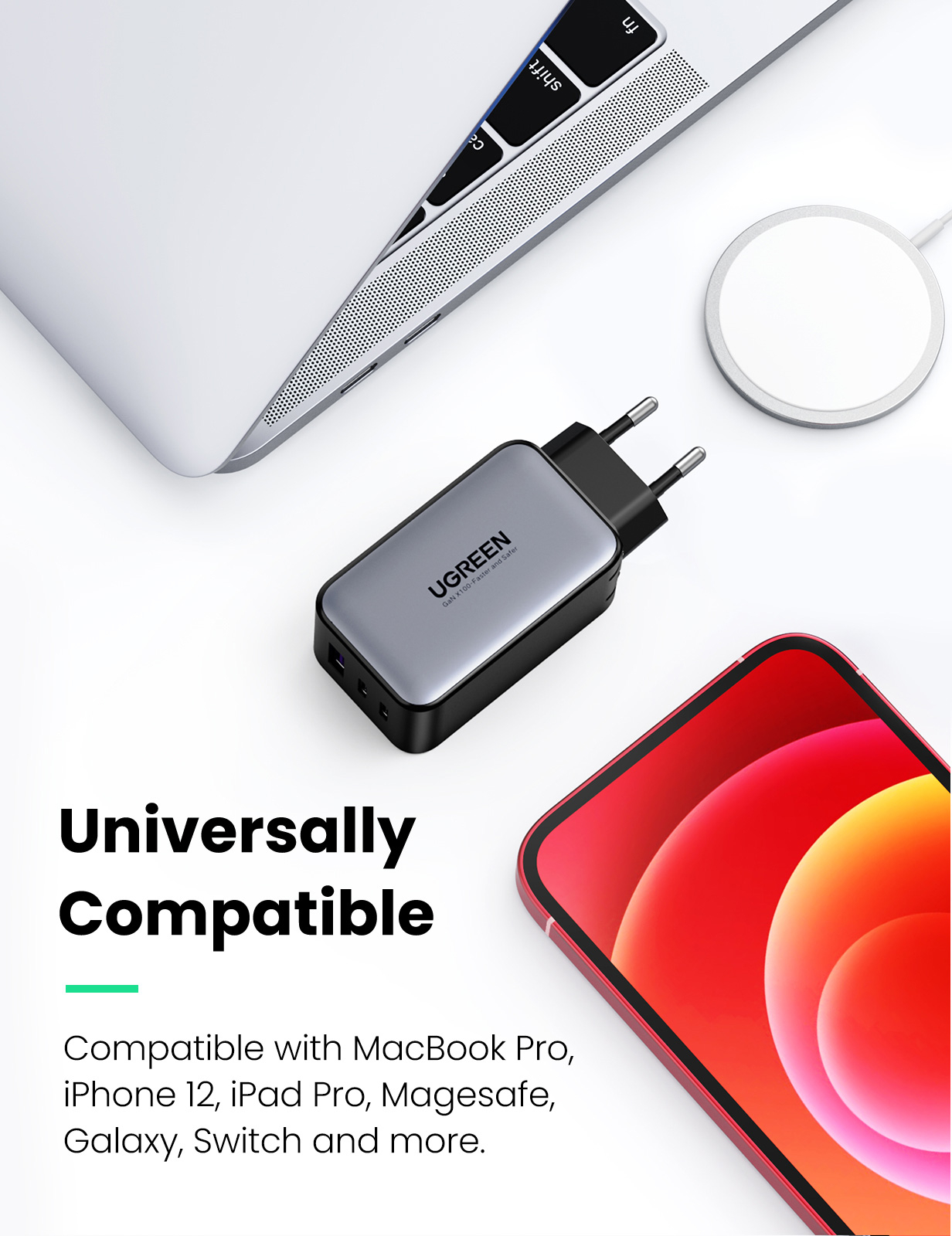 Зарядний пристрій Ugreen 2xUSB-C + 1xUSB 65W GaN gray (10335) фото2