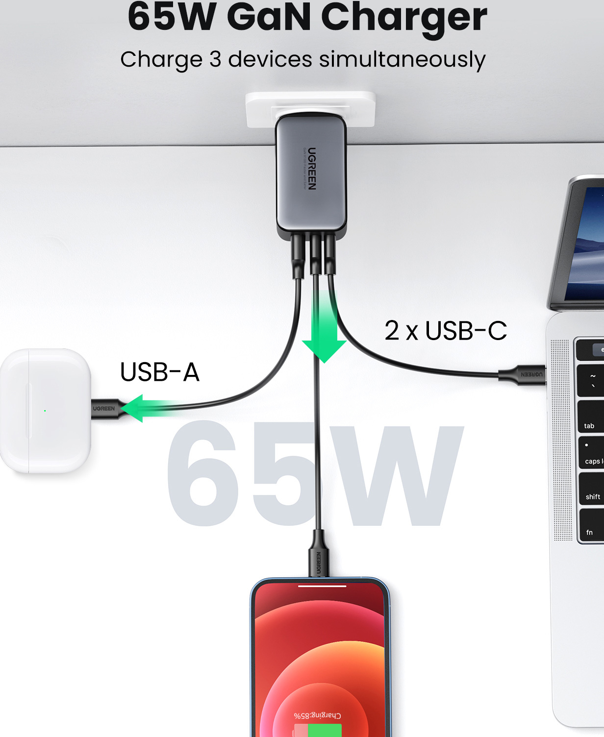 Зарядний пристрій Ugreen 2xUSB-C + 1xUSB 65W GaN gray (10335) фото4