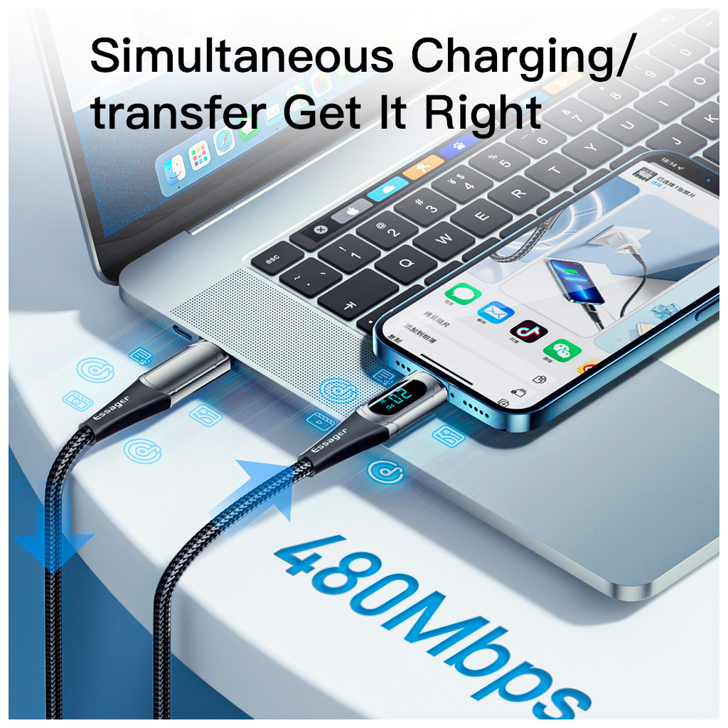Кабель USB-C to Lightning 2.0m 20W Digital Display black Essager (EXCTL-YDA01) фото7