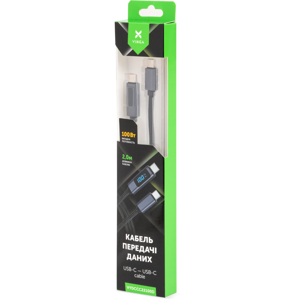 Кабель USB-C to USB-C 2.0m 100W LCD Display Nylon Black Vinga (VYDCCC22100D) фото