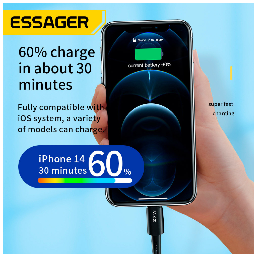 Кабель USB-C to Lightning 0.5m 20W black Essager (EXCTL-CGB01) фото