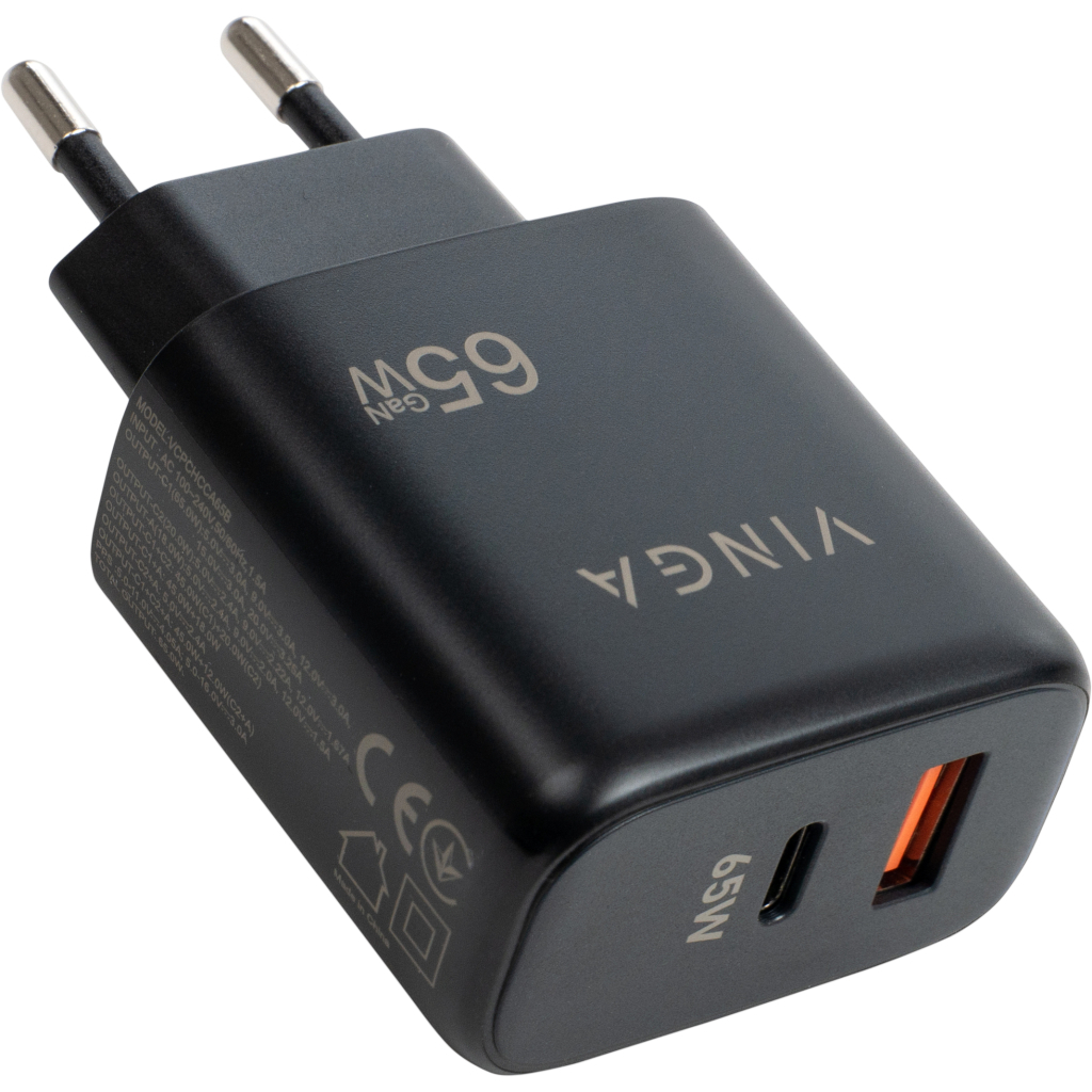 Зарядное устройство Vinga GaN 65W PD+QC 1C1A ports Wall Charger (VCPCHCA65B) фото