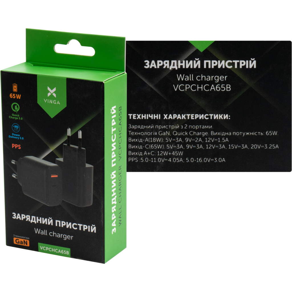 Зарядное устройство Vinga GaN 65W PD+QC 1C1A ports Wall Charger (VCPCHCA65B) фото