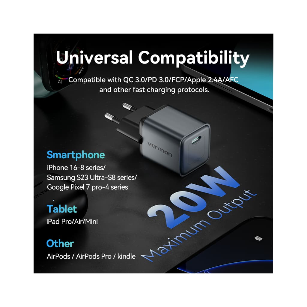 Зарядний пристрій Vention USB-C PD20W GaN gray (FEVH0-EU) фото10