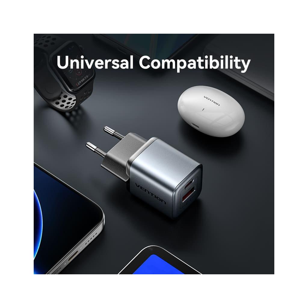 Зарядний пристрій Vention 1xUSB-C PD30W + 1xUSB QC3.0 18W GaN gray (FEWH0-EU) фото9