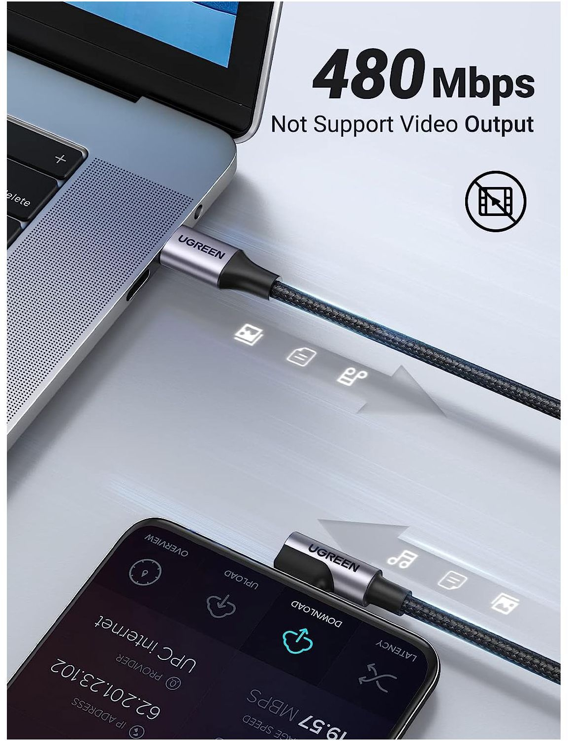 Кабель USB-C to USB-C 3.0m 60W US255 90-degree Angle Black Ugreen (80714) фото2