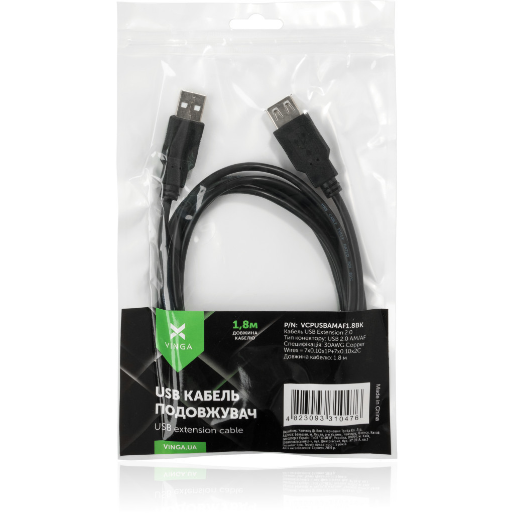 Кабель USB 2.0 AM/AF 3.0m Vinga (VCPUSBAMAF3BK) фото4