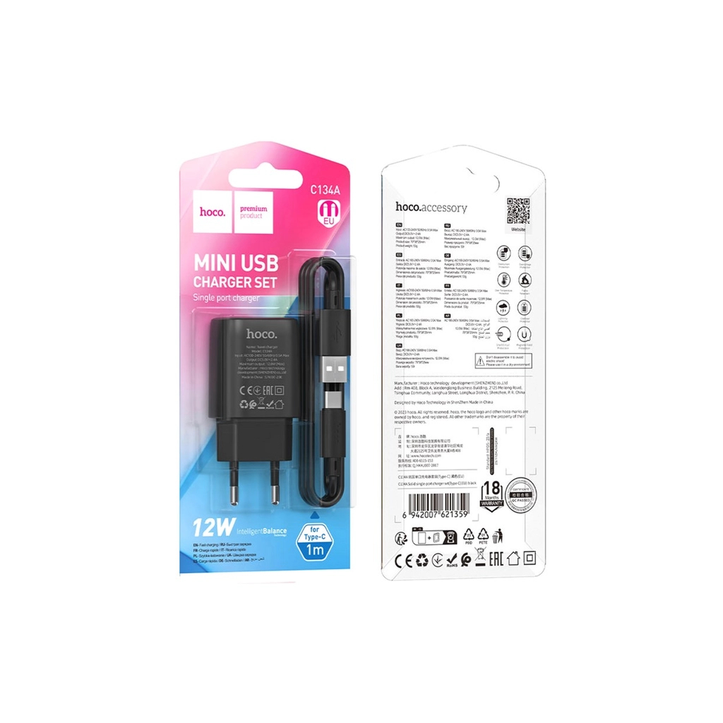 Зарядное устройство HOCO C134A USB + cable USB to USB-C 2.4A black (6942007621359) фото4