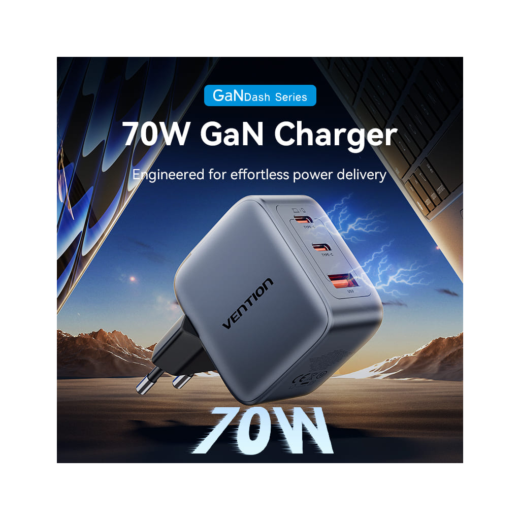 Зарядное устройство Vention 2xUSB-C PD70W + 1xUSB QC3.0 22.5W GaN gray (FEXH0-EU) фото2