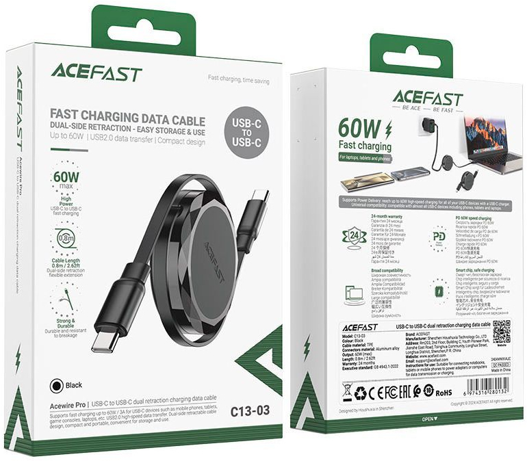 Кабель USB-C to USB-C 0.8m 60W dual retraction C13-03 Black Acefast (6974316280132) фото5