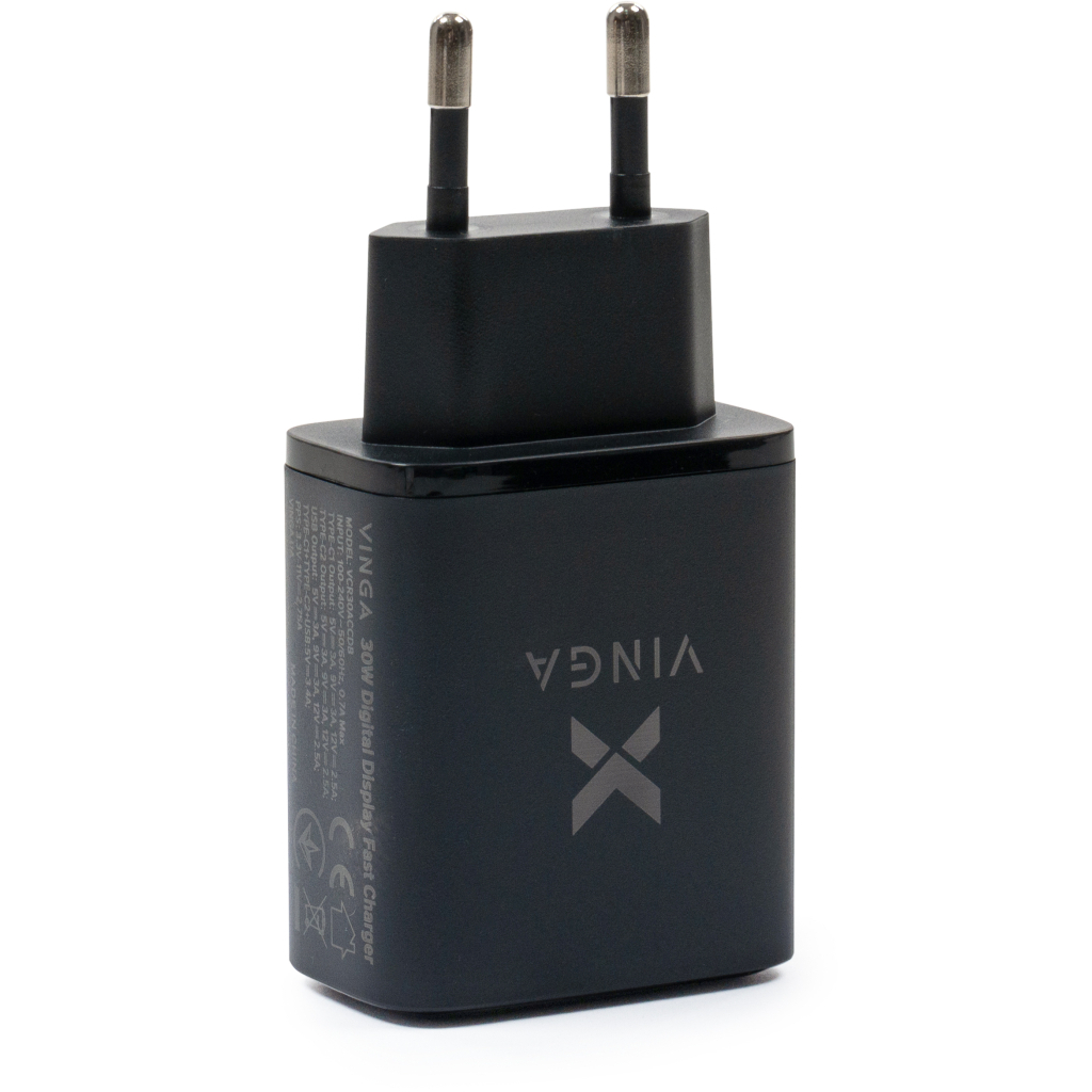 Зарядний пристрій Vinga 2xUSB-C PD30W + USB-A QC30W Display 30W Max (VCR30ACCDB) фото