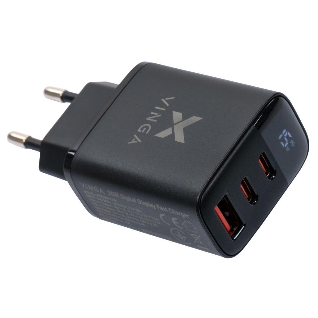 Зарядний пристрій Vinga 2xUSB-C PD30W + USB-A QC30W Display 30W Max (VCR30ACCDB) фото