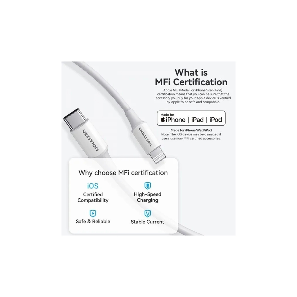 Кабель USB-C to Lightning 1.0m 3A white Vention (LAKWF) фото