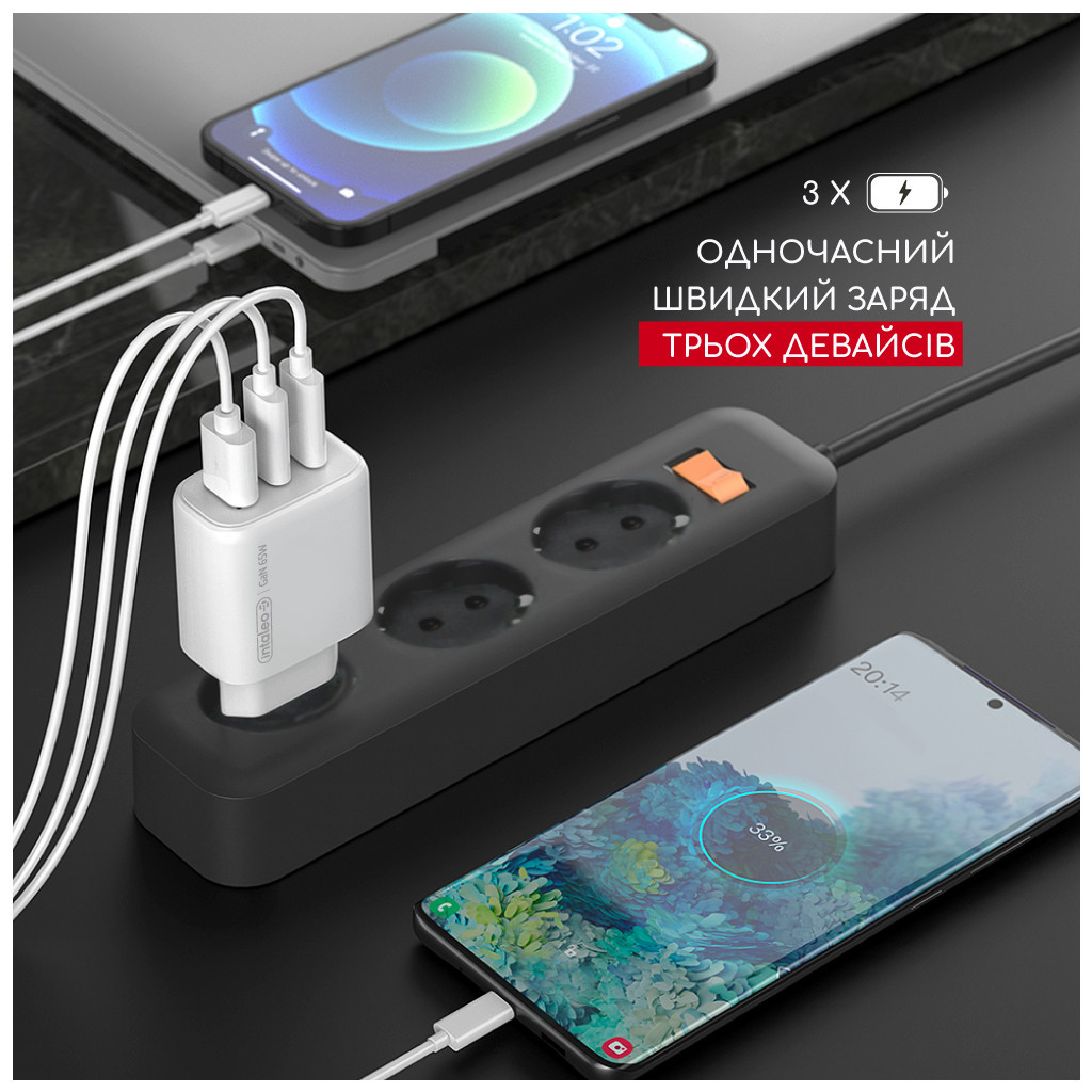 Зарядное устройство Intaleo 65W GAN 2USB-C PD+USB-A QC 3.0 white (1283126559525) фото