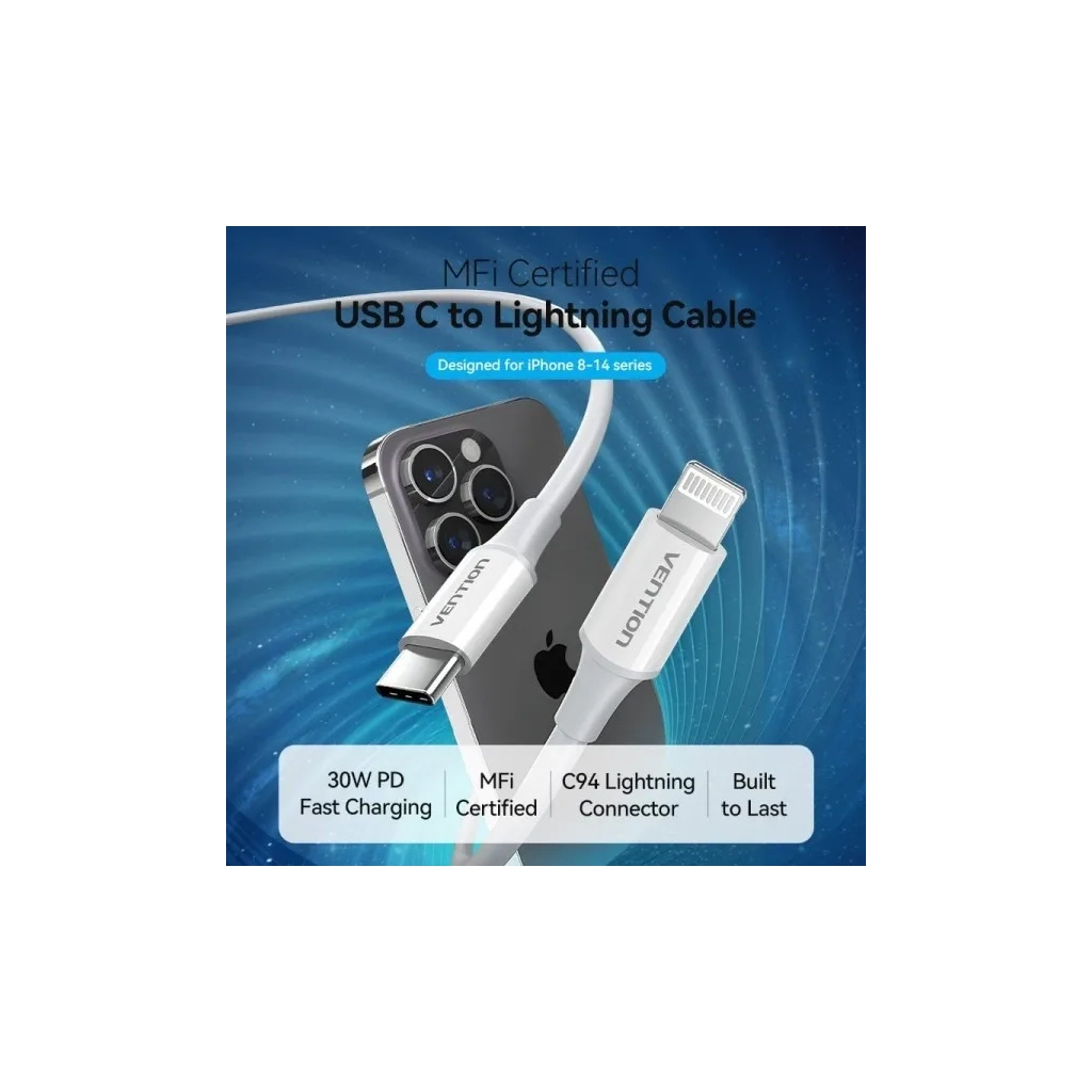 Кабель USB-C to Lightning 1.0m 3A white Vention (LAJWF) фото2