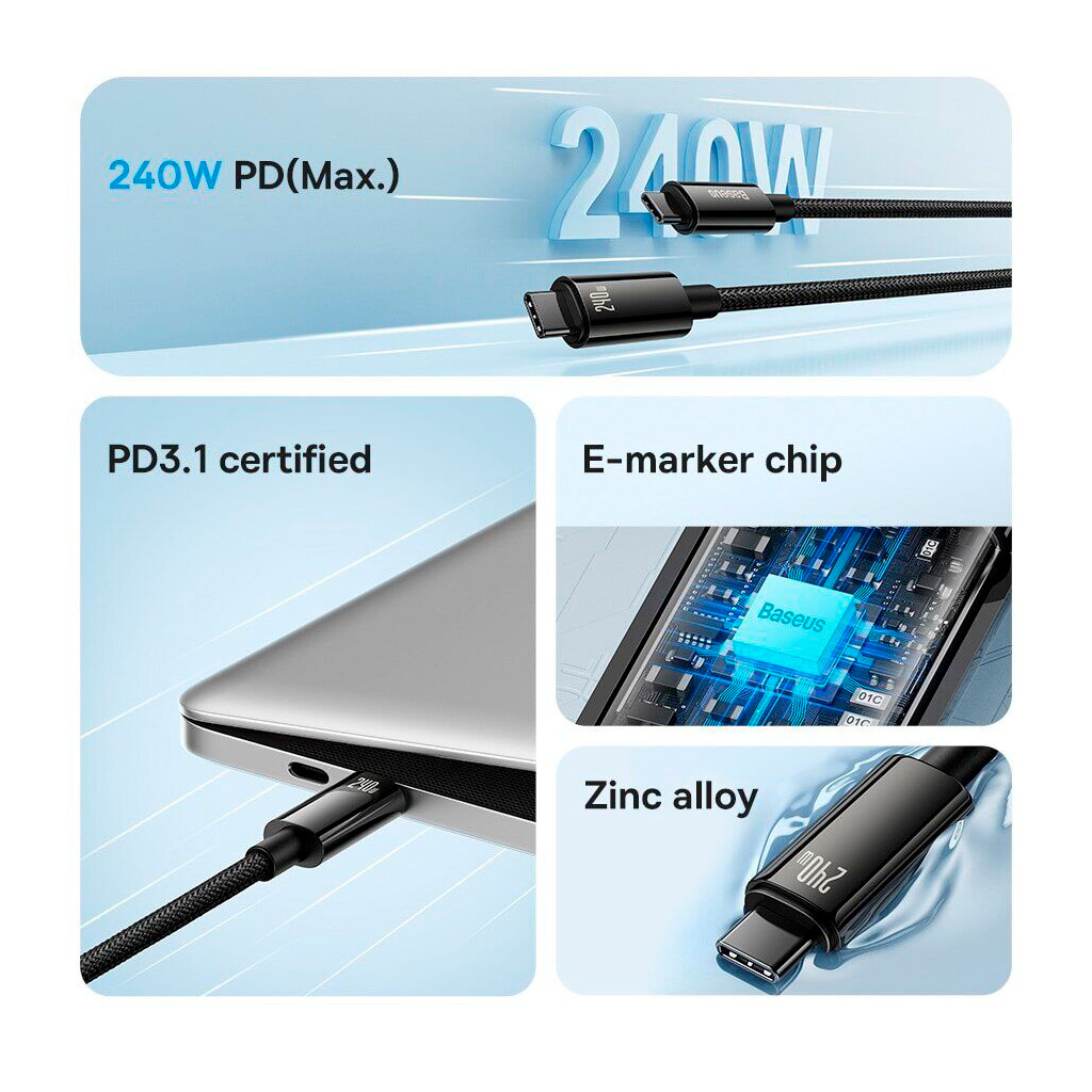 Кабель USB-C to USB-C 1.0m 240W Black Baseus (CAWJ040001) фото8