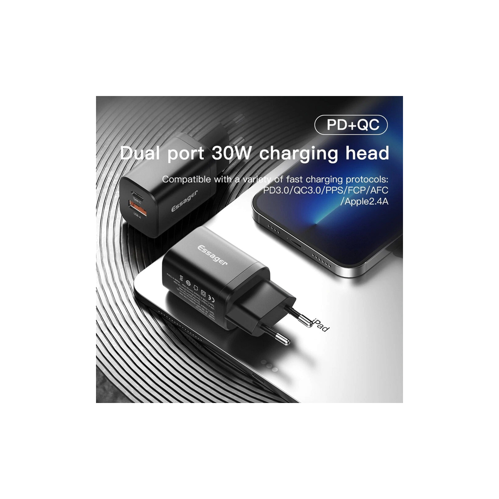Зарядний пристрій Essager 1xUSB + 1xUSB-C PD30W black (ECTPQS-ZTB01) фото3