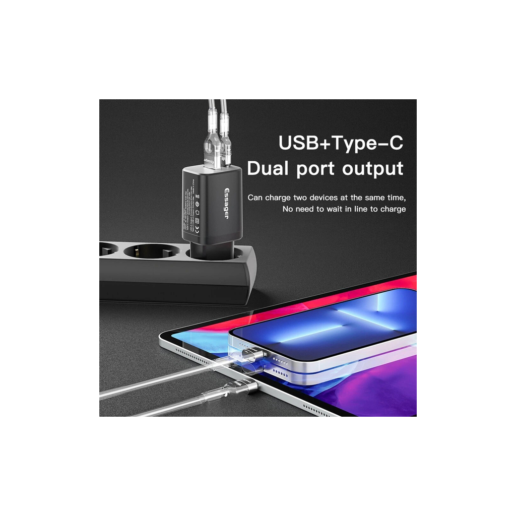 Зарядний пристрій Essager 1xUSB + 1xUSB-C PD30W black (ECTPQS-ZTB01) фото4