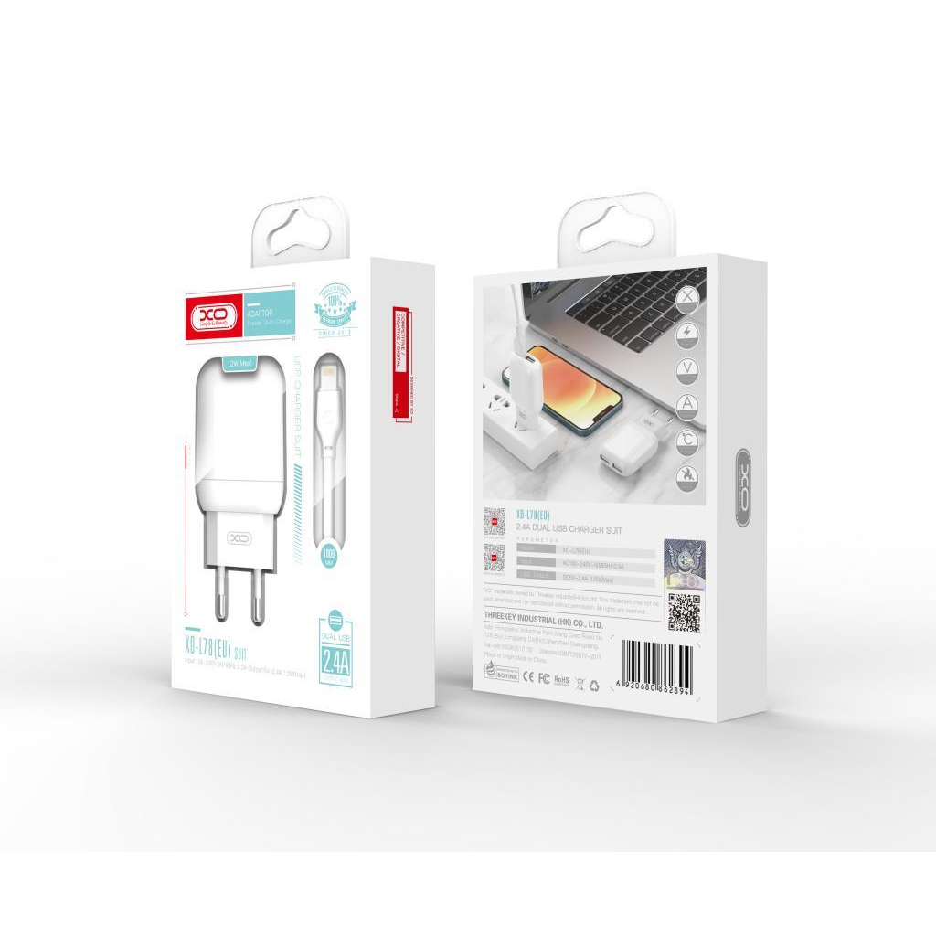 Зарядний пристрій XO 2xUSB 2.4A + cable USB to Lightning white (L78-L-WH) фото4