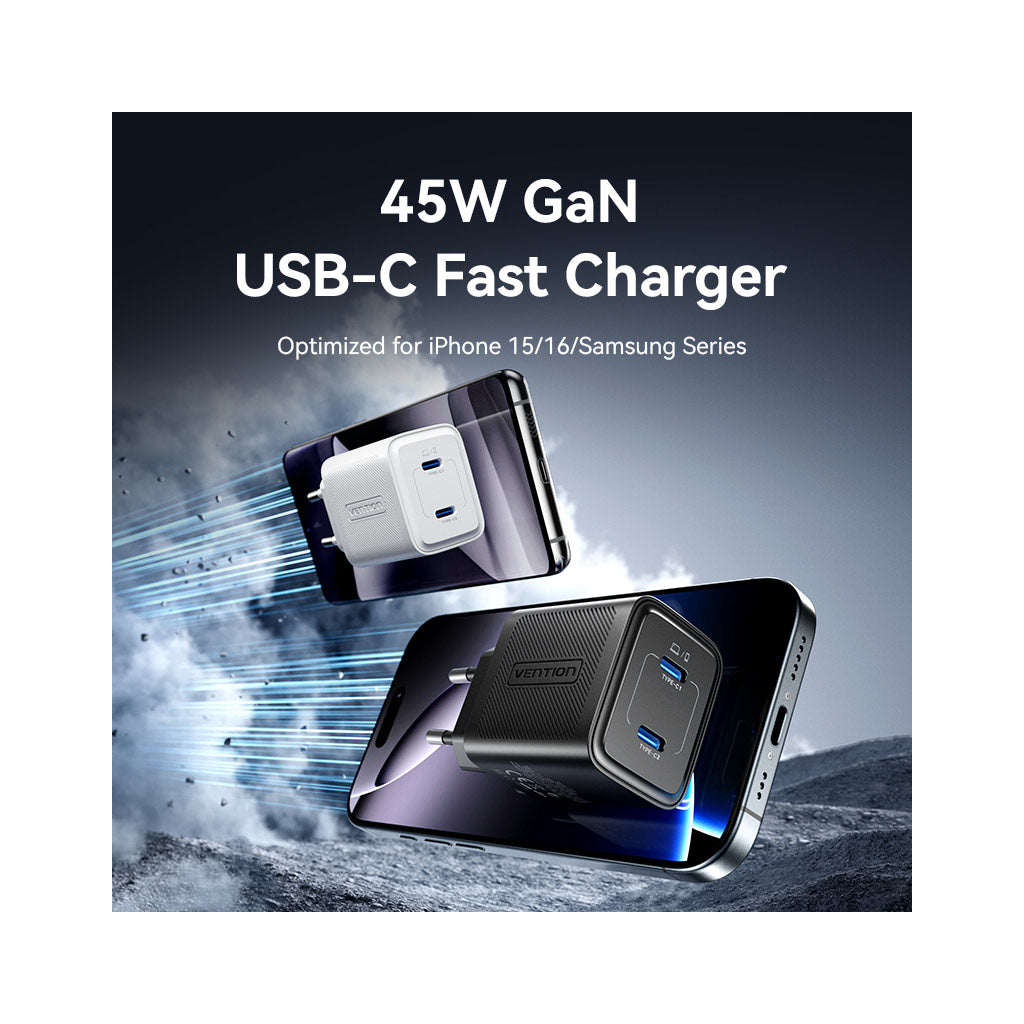 Зарядний пристрій Vention 2xUSB-C PD45W GaN transparent white (FCFW0-EU) фото2