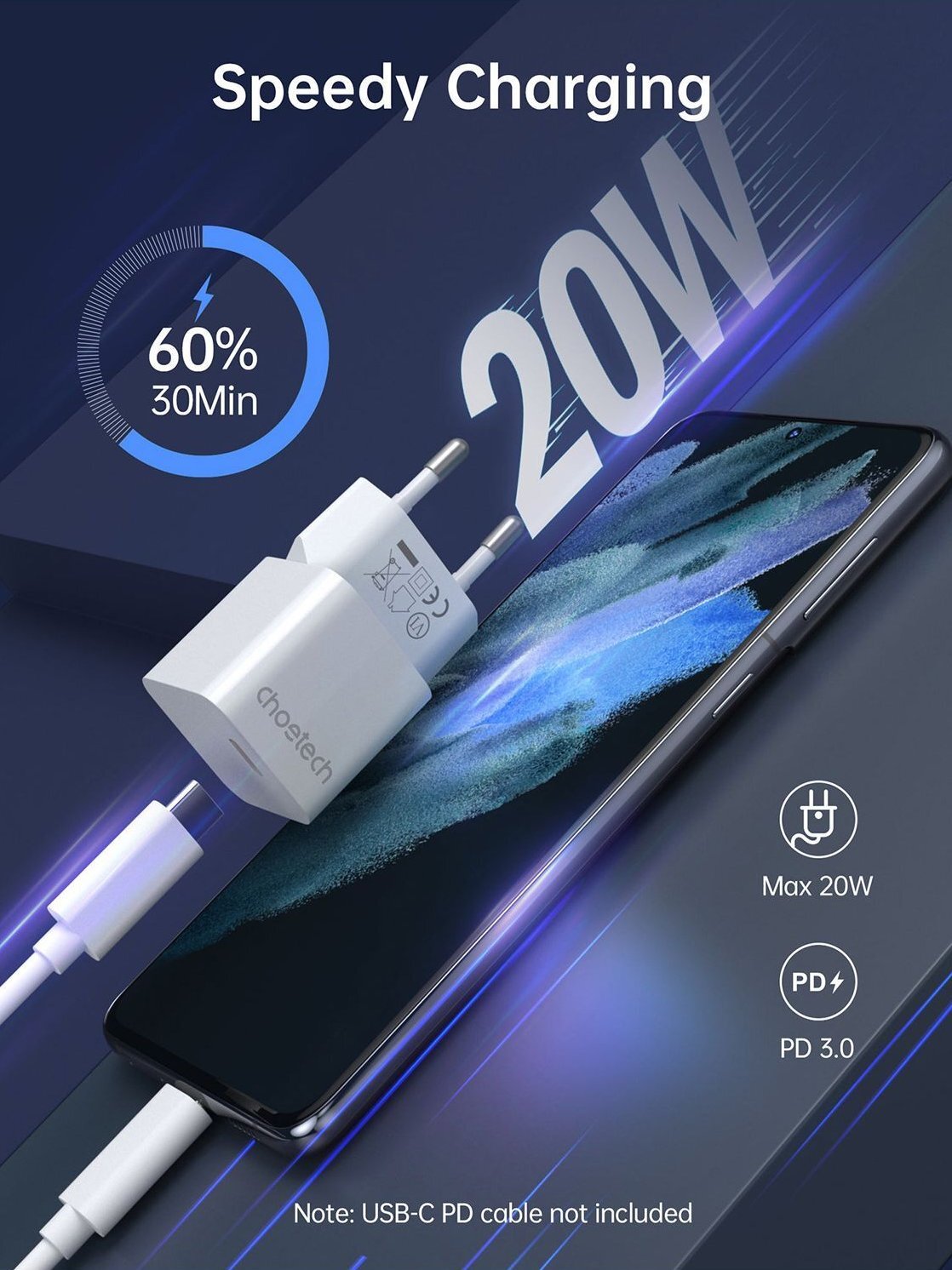 Зарядний пристрій Choetech GaN USB-C 20W QC3.0/PD/PPS (PD5010-EU-WH) фото5