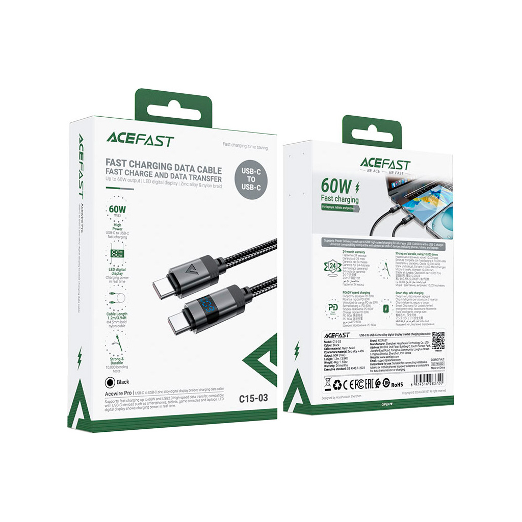 Кабель USB-C to USB-C 1.2m 60W digital display C15-03 Black Acefast (6974316283720) фото5