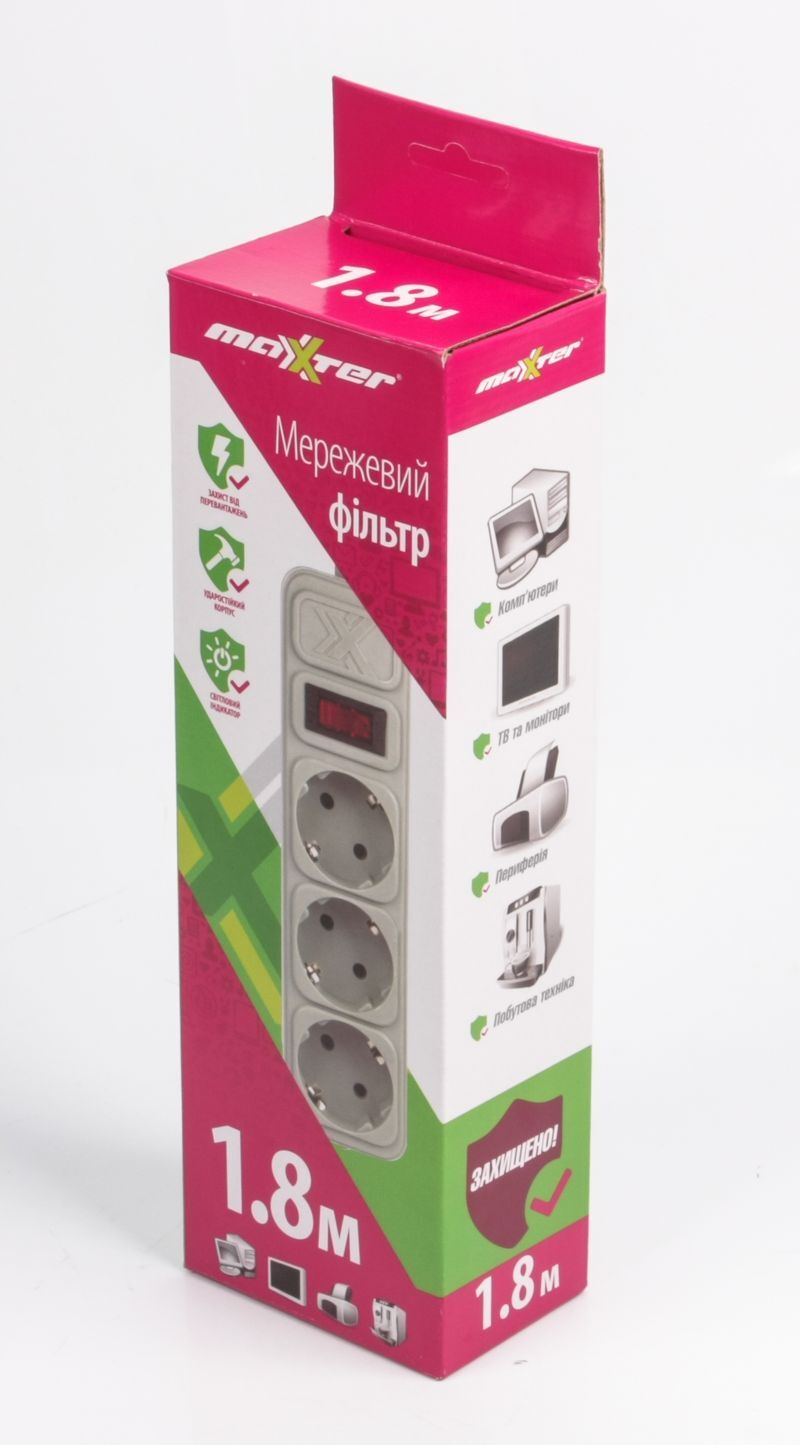 Сетевой удлинитель Maxxter, 1.8 м 3 розетки SPM3-G-6G фото2