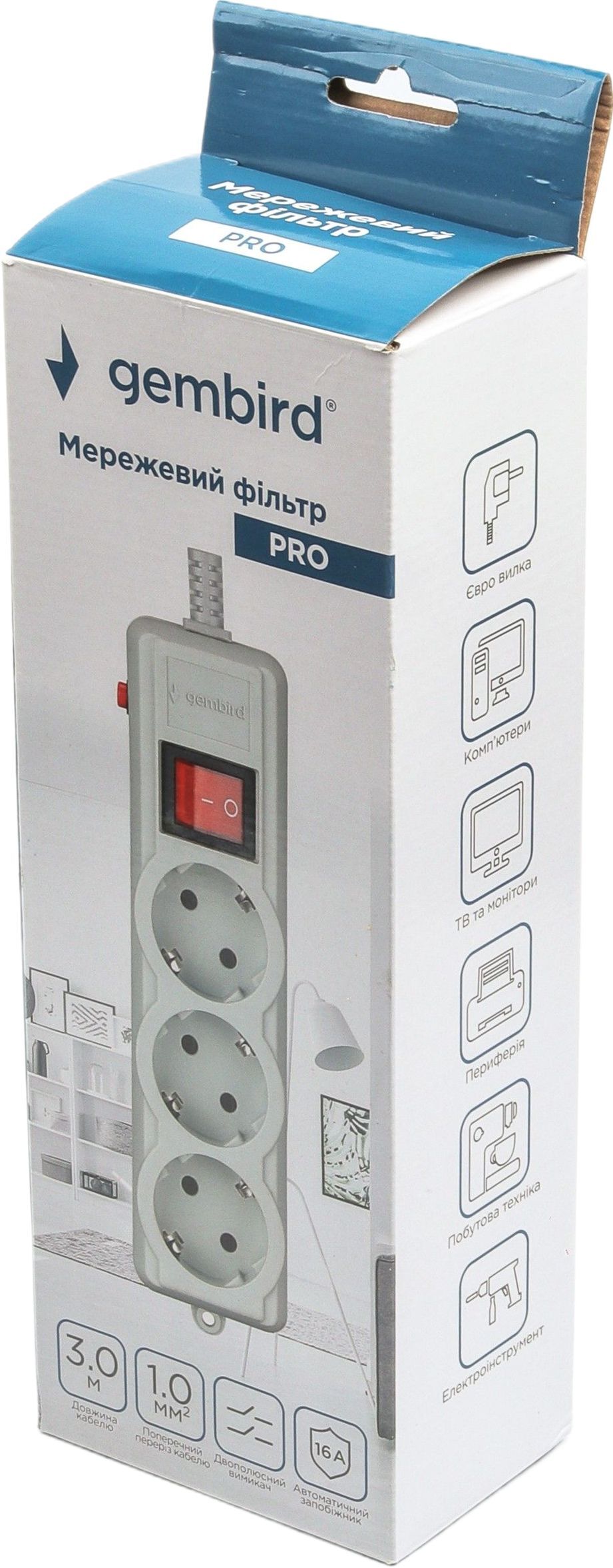 Фільтр живлення Gembird Pro (SPG3-G-10G-PRO) 3 розетки, 3м, сірий фото
