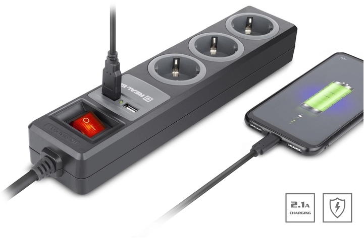 Фільтр живлення REAL-EL RS-3 USB Charge 1.8m Black фото8
