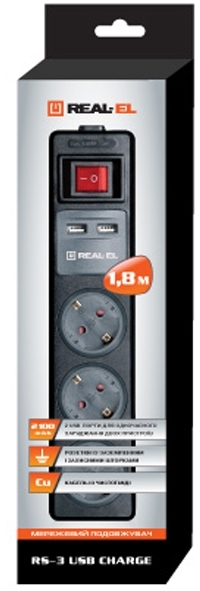 Фільтр живлення REAL-EL RS-3 USB Charge 1.8m Black фото7