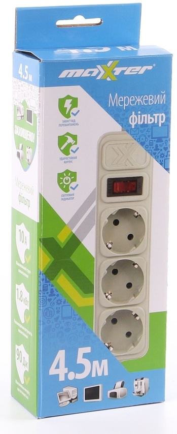 Сетевой удлинитель Maxxter, 4.5 м 3 розетки SPM3-G-15G фото