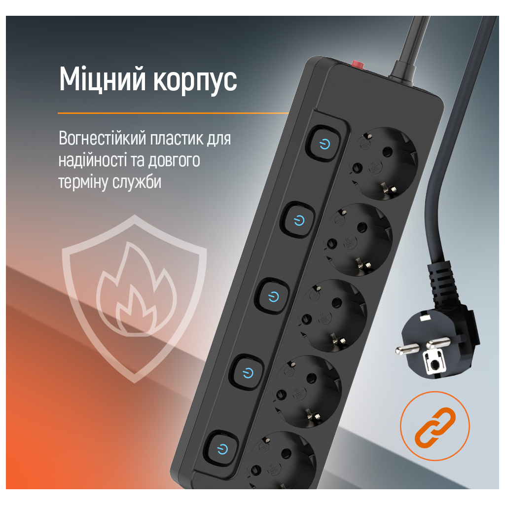 Фільтр живлення СolorWay (CW-PSEA55SBK) 5 розеток, 5м, Black фото10
