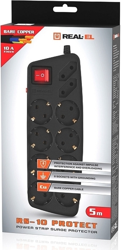 Фільтр живлення REAL-EL RS-10 Protect 5 м Black фото