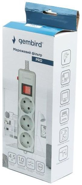 Фільтр живлення Gembird Pro (SPG3-G-15G-PRO) 3 розетки, 4.5м, сірий фото4