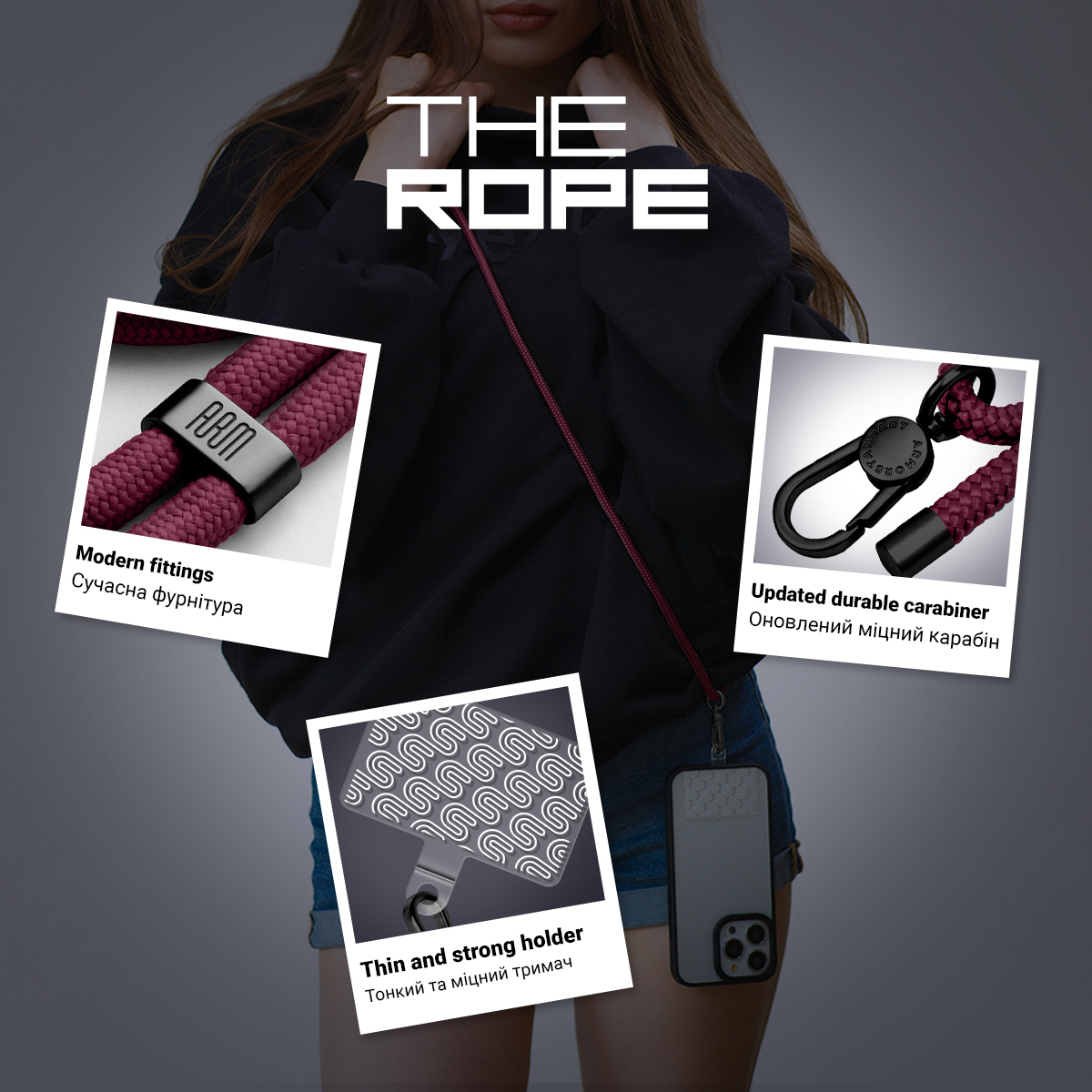 Ремешок для смартфону ArmorStandart Rope Black Burgundy with Clear holder (ARM91365) фото