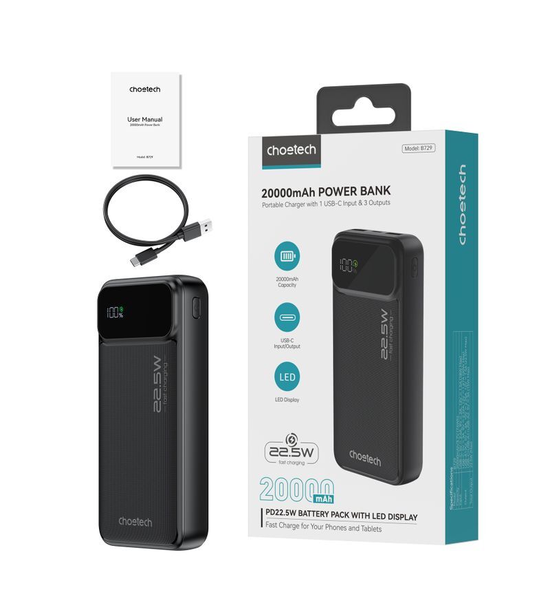 Павербанк, Choetech 20000 mAh, PD 22,5 Вт, черный фото3