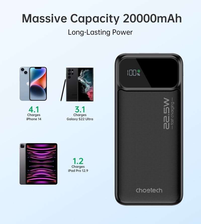 Павербанк, Choetech 20000 mAh, PD 22,5 Вт, черный фото8