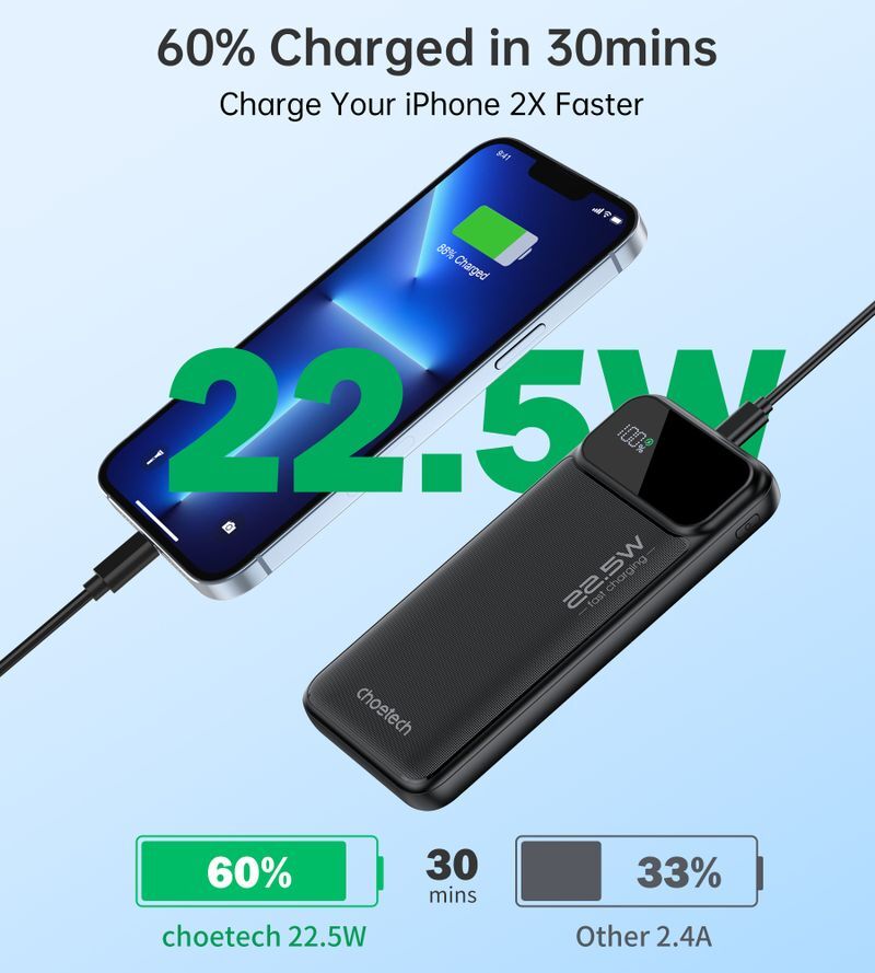 Павербанк, Choetech 10000 mAh, PD 22,5 Вт, черный фото6