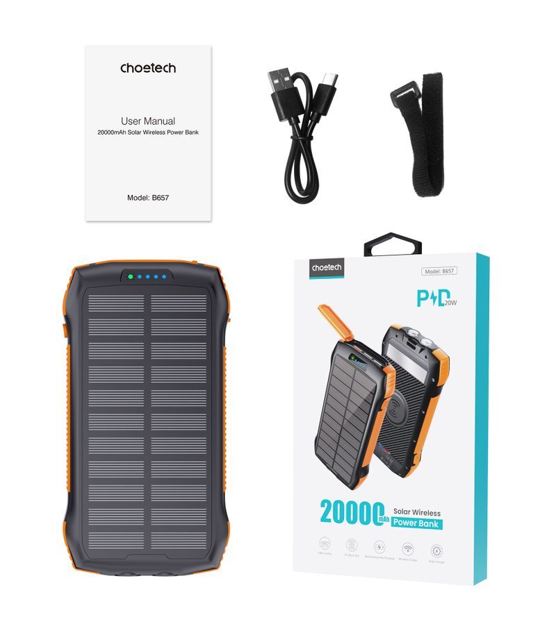 Павербанк, Choetech 20000 mAh, PD20W+QC18W, солнечная панель, QI, LED лампа фото7