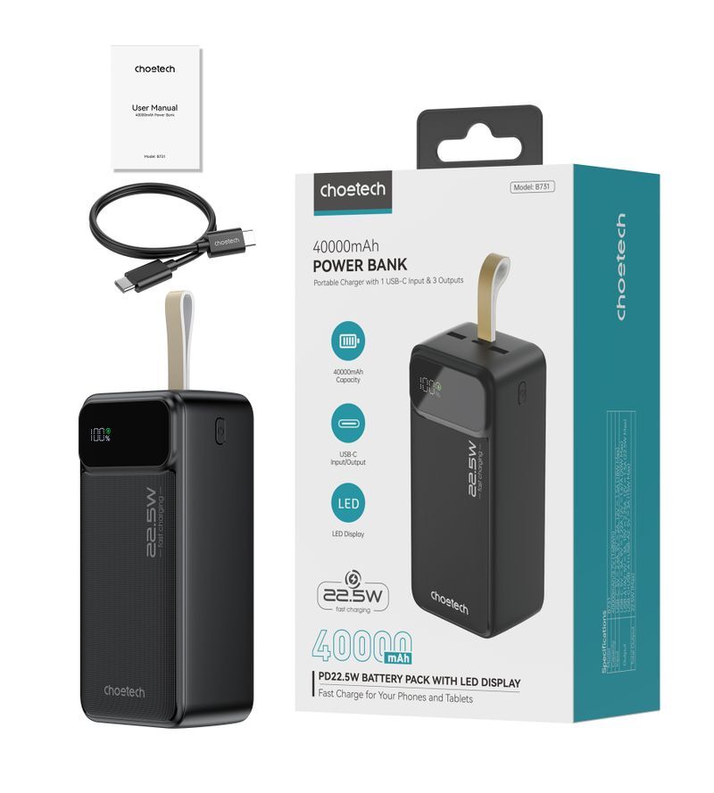 Павербанк, Choetech 40000 mAh, PD 22,5 Вт, чорний фото3