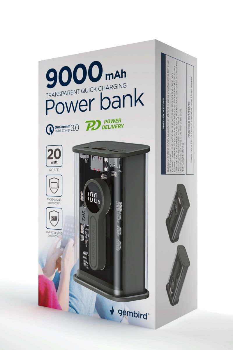 Павербанк, Gembird 9000 mAh, QC3.0, Transparent фото