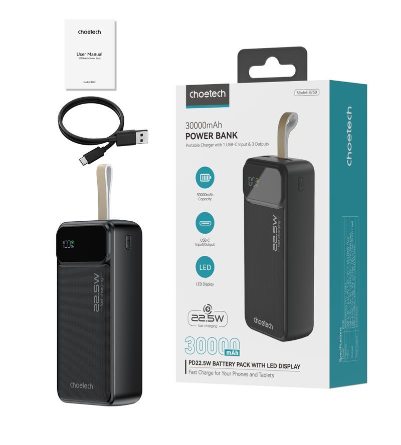 Павербанк, Choetech 30000 mAh, PD 22,5 Вт, черный фото3