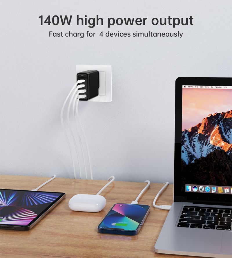 Зарядное устройство, GaN, 2 USB-A / 2 USB-C, 140Вт, QC3.0/PD/PPS фото3