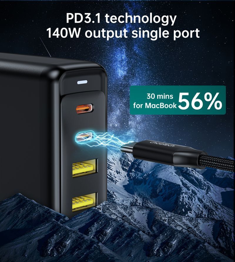 Зарядное устройство, GaN, 2 USB-A / 2 USB-C, 140Вт, QC3.0/PD/PPS фото4