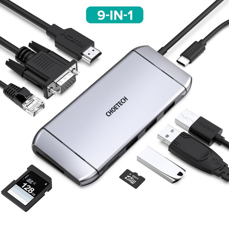 Док станция USB-C 9-в-1 (HDMI/VGA/картридер/LAN/USB-A), алюминий фото