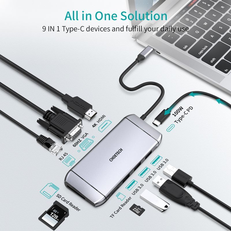 Док станция USB-C 9-в-1 (HDMI/VGA/картридер/LAN/USB-A), алюминий фото